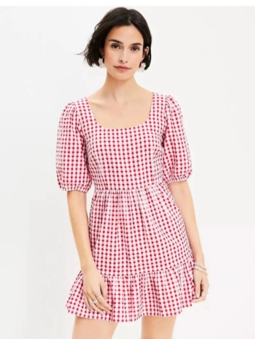 LOFT Pink and White Gingham Puff Sleeve Mini Dress